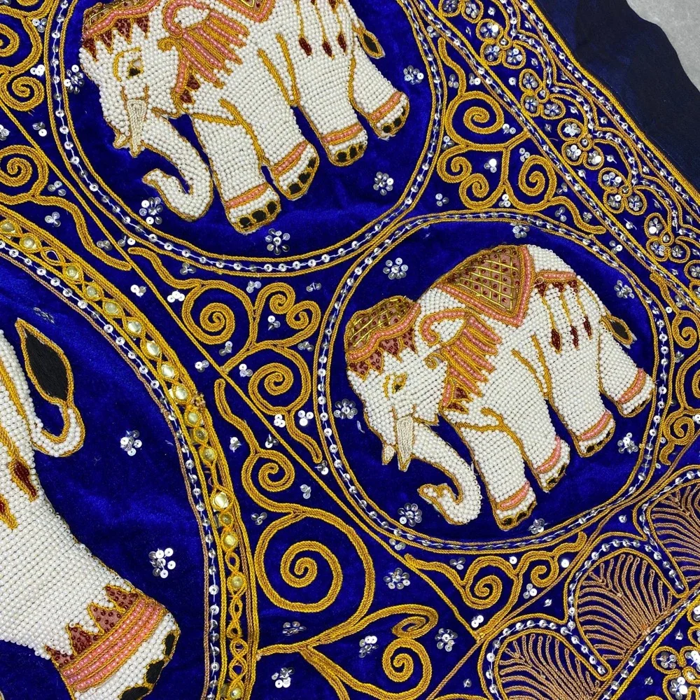 Vibrant Blue Elephant Tapestry Wall Hanging Embellished Beaded Thai Burmese Deco